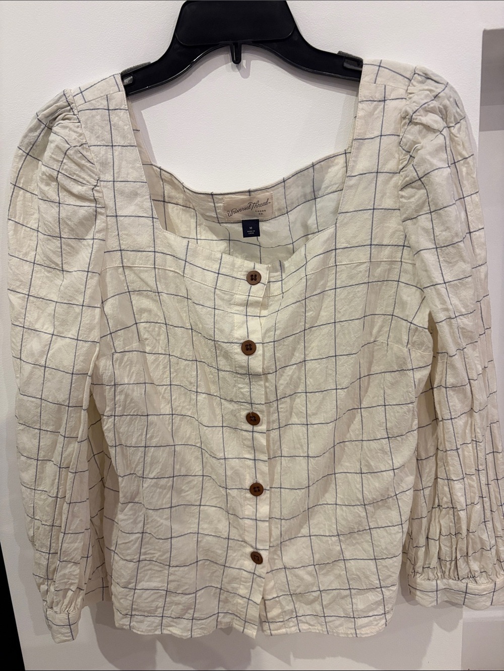 Cream Grid Button-Front Puff Sleeve Shirt